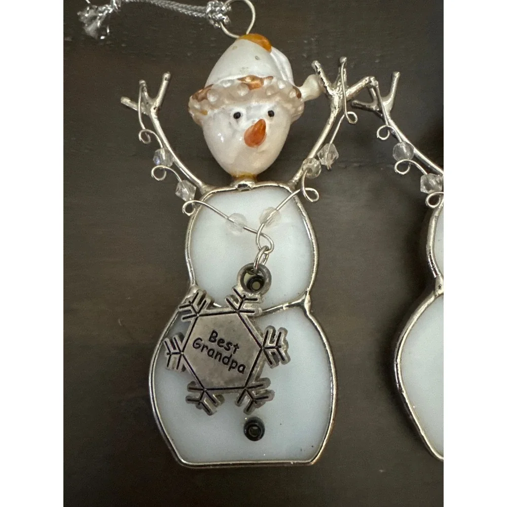 Stained Glass Snowman Ornaments Set of 2   Best Grandma and Best Grandpa Silver